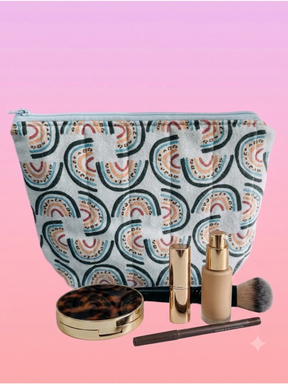 Quilted Cotton Zipper Pouch – Boho Rainbow Makeup Bag, Floral Lined